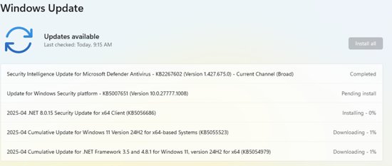 Windows Update screens showing pending updates and a required restart