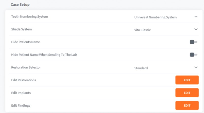 3discClinic Case Setup settings screen
